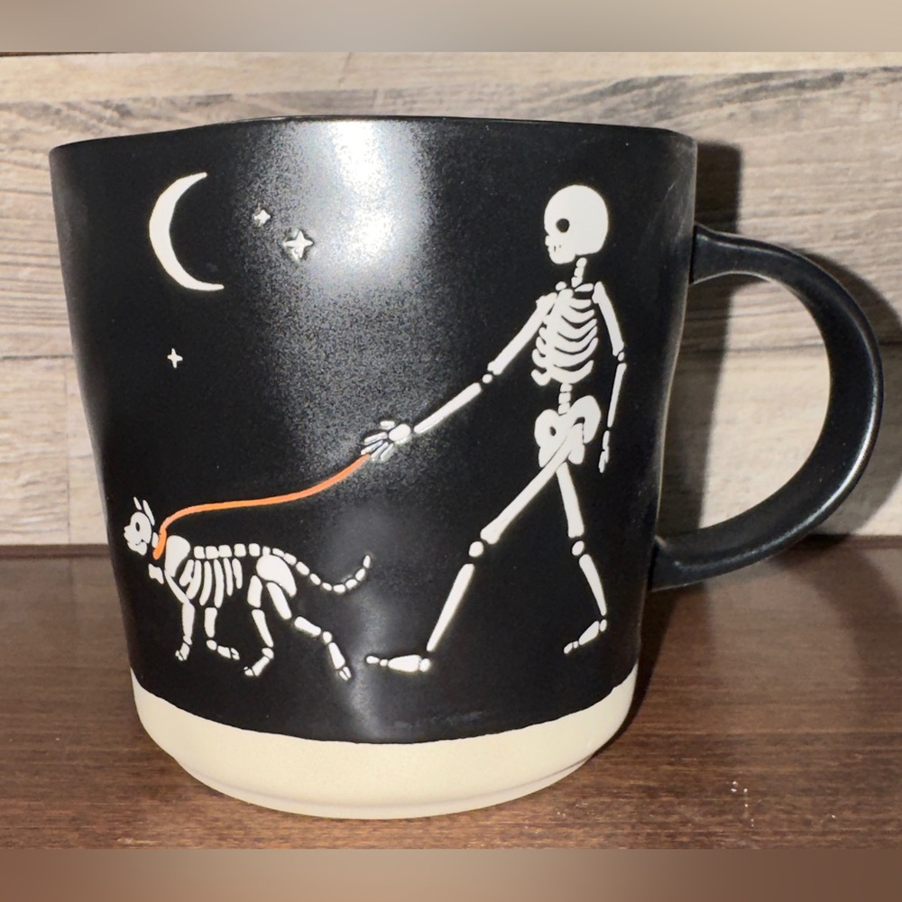 Halloween Skeleton Walking a Skeleton Dog on a Leash Under a Moon🌙 & Star ⭐️ Mug